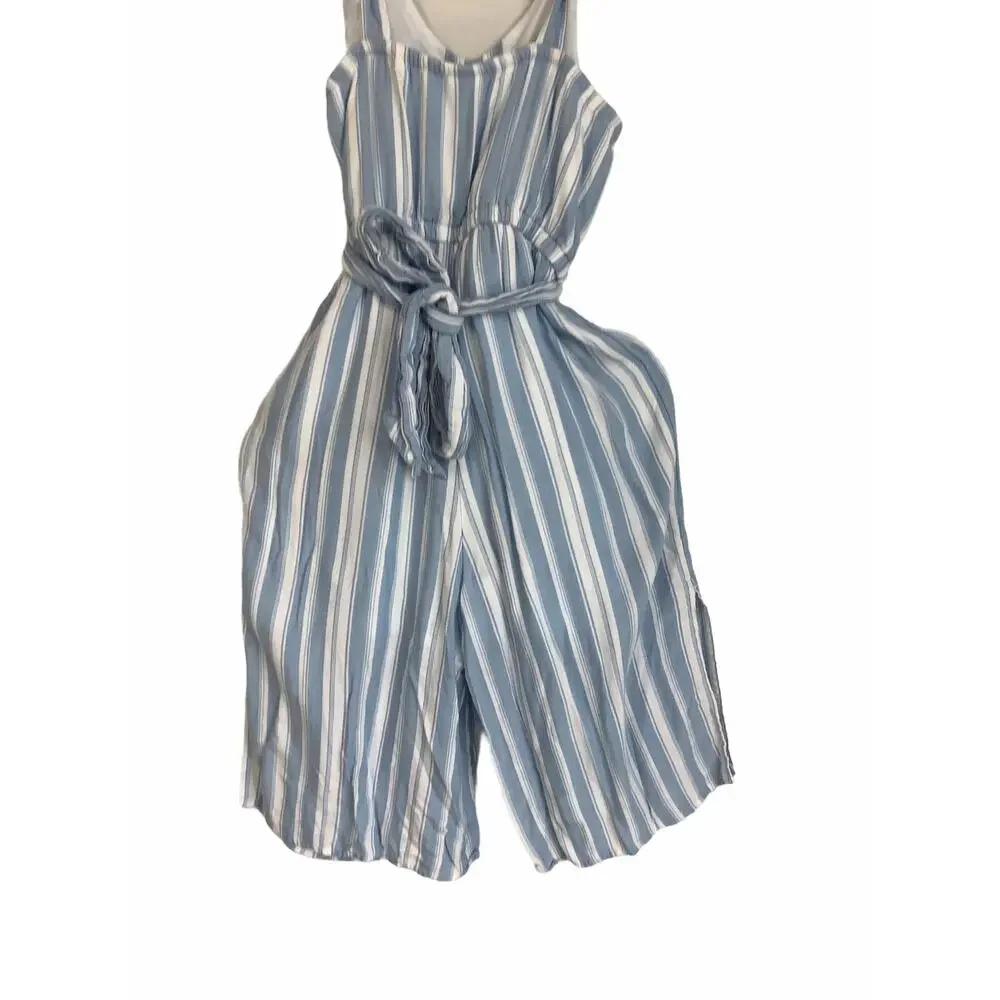 Justice Blue White Striped Quarter Button Jumpsuit